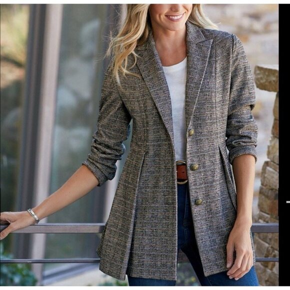 Soft Surroundings Jessamy Plaid Blazer Equestrian A-Line Pleated Jacket Size M - Picture 1 of 16